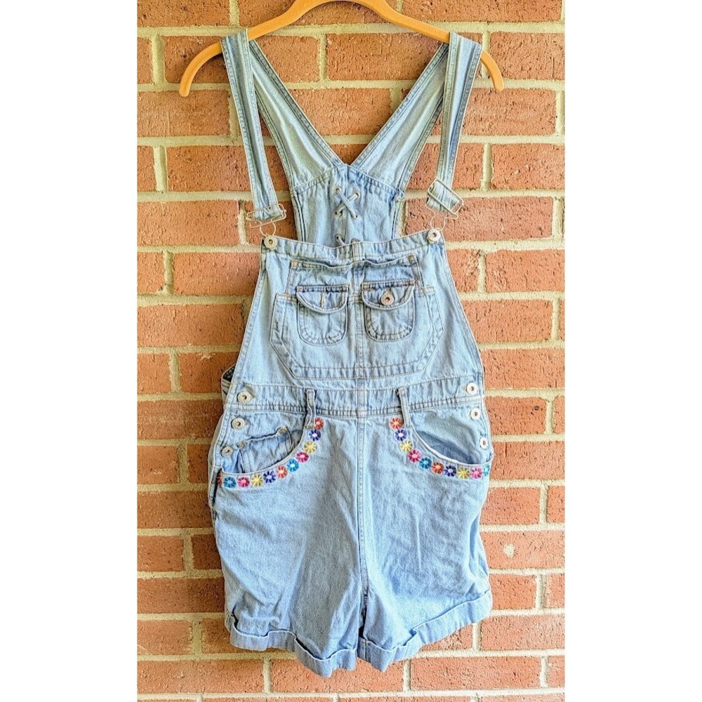 Vtg Goodfellas Shortalls Overalls Sz M 90s Denim Embroidered Flower Laced Cute